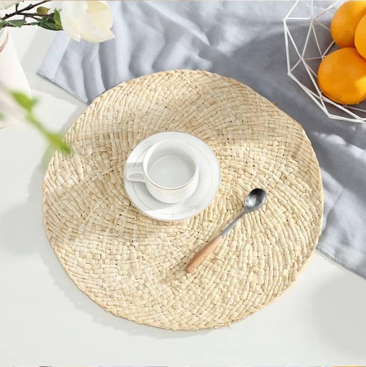 Japanese Natural Corn Leather Placemat Hand-Woven Thickening Heat Insulation Pad Hotel Restaurant round Western Food Saucers Coasters