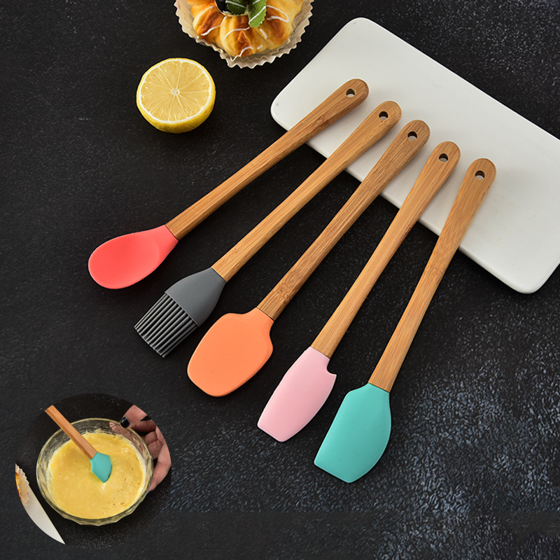  Tool Color 5-Piece Set Spatula Silicone Scraper Children&#039;s Wooden Handle Small Kitchenware Made from Silicone