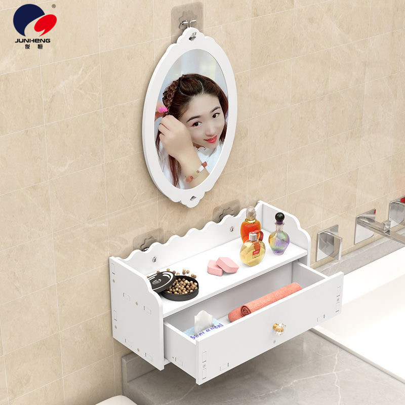 Bathroom Mirror with Shelf Small Apartment Bathroom Toilet Sink round Mirror Wall-Mounted Punch-Free