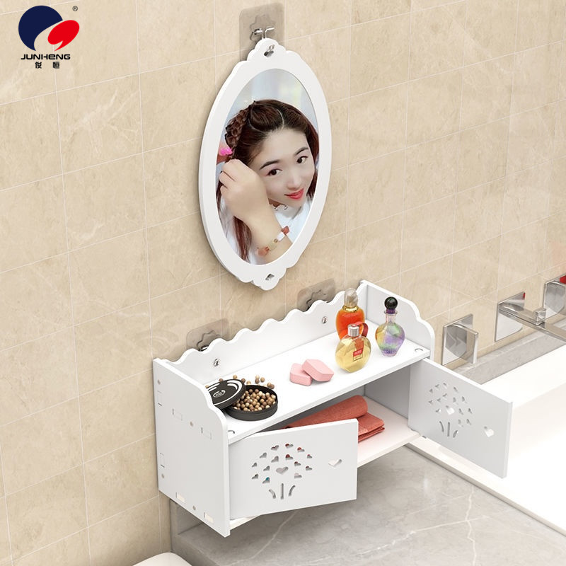 Bathroom Mirror with Shelf Small Apartment Bathroom Toilet Sink round Mirror Wall-Mounted Punch-Free