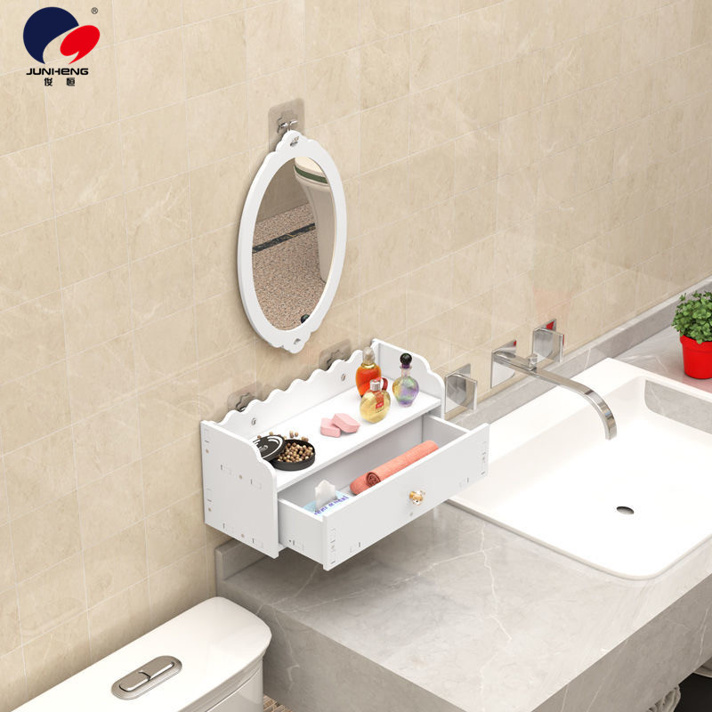 Bathroom Mirror with Shelf Small Apartment Bathroom Toilet Sink round Mirror Wall-Mounted Punch-Free