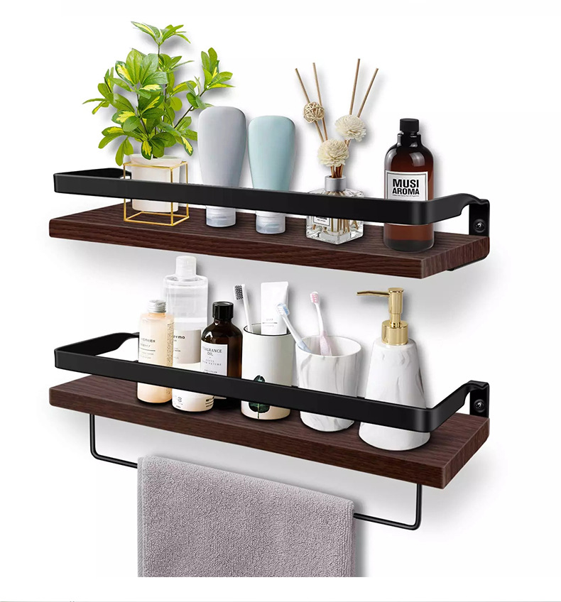 Floating Shelf Wall Hanging 2-Piece Set Antique Solid Wood Shelf for Bathroom Decorative Storage Shelf with Towel Bar