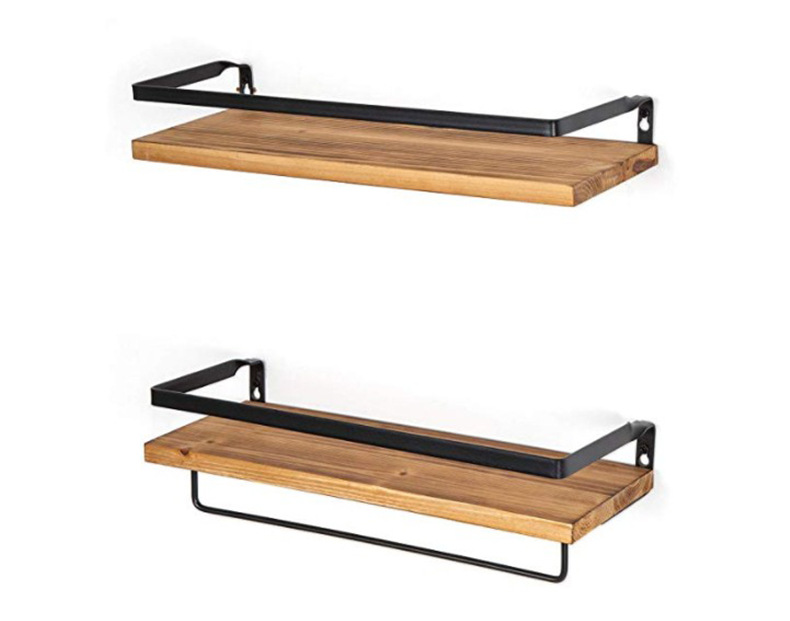 Floating Shelf Wall Hanging 2-Piece Set Antique Solid Wood Shelf for Bathroom Decorative Storage Shelf with Towel Bar