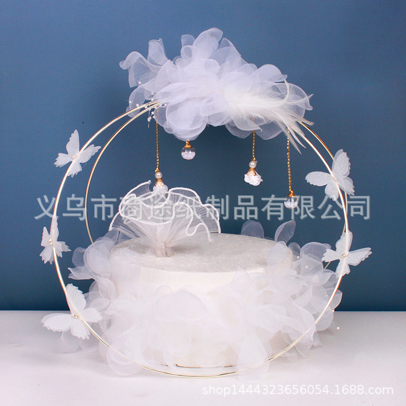 Internet Celebrity Same Style White Butterfly Feather Yarn Flower Hoop Set Cake Decoration Birthday Party DIY Material Package