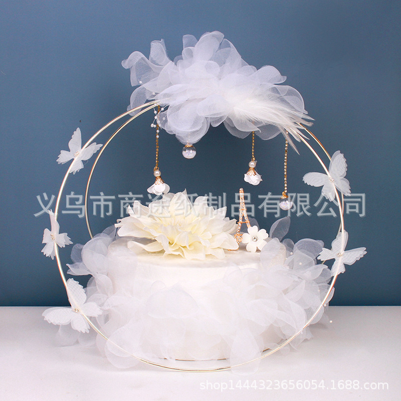 Internet Celebrity Same Style White Butterfly Feather Yarn Flower Hoop Set Cake Decoration Birthday Party DIY Material Package