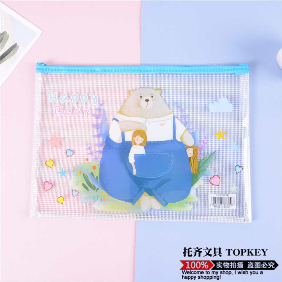 Cute Cartoon File Bag Pp Transparent Student A4 Zipper Bag Large Capacity Test Paper Storage Bag Waterproof