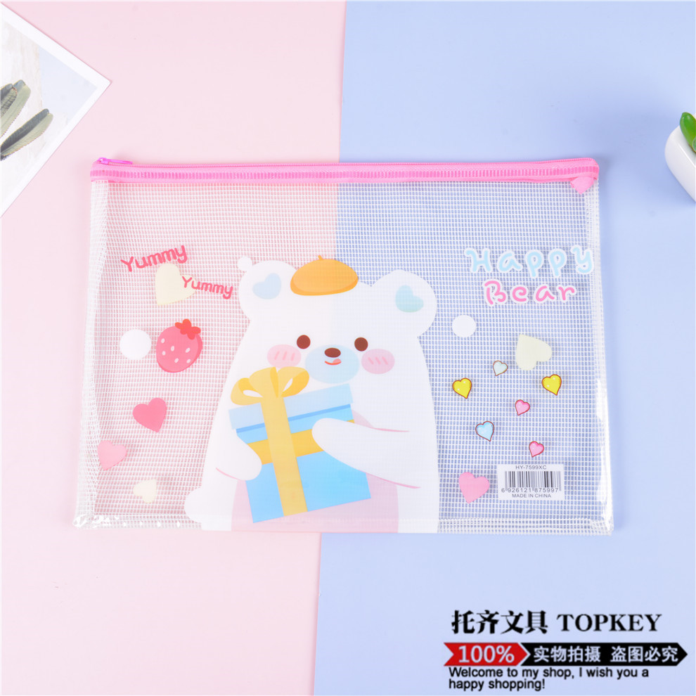 Cute Cartoon File Bag Pp Transparent Student A4 Zipper Bag Large Capacity Test Paper Storage Bag Waterproof