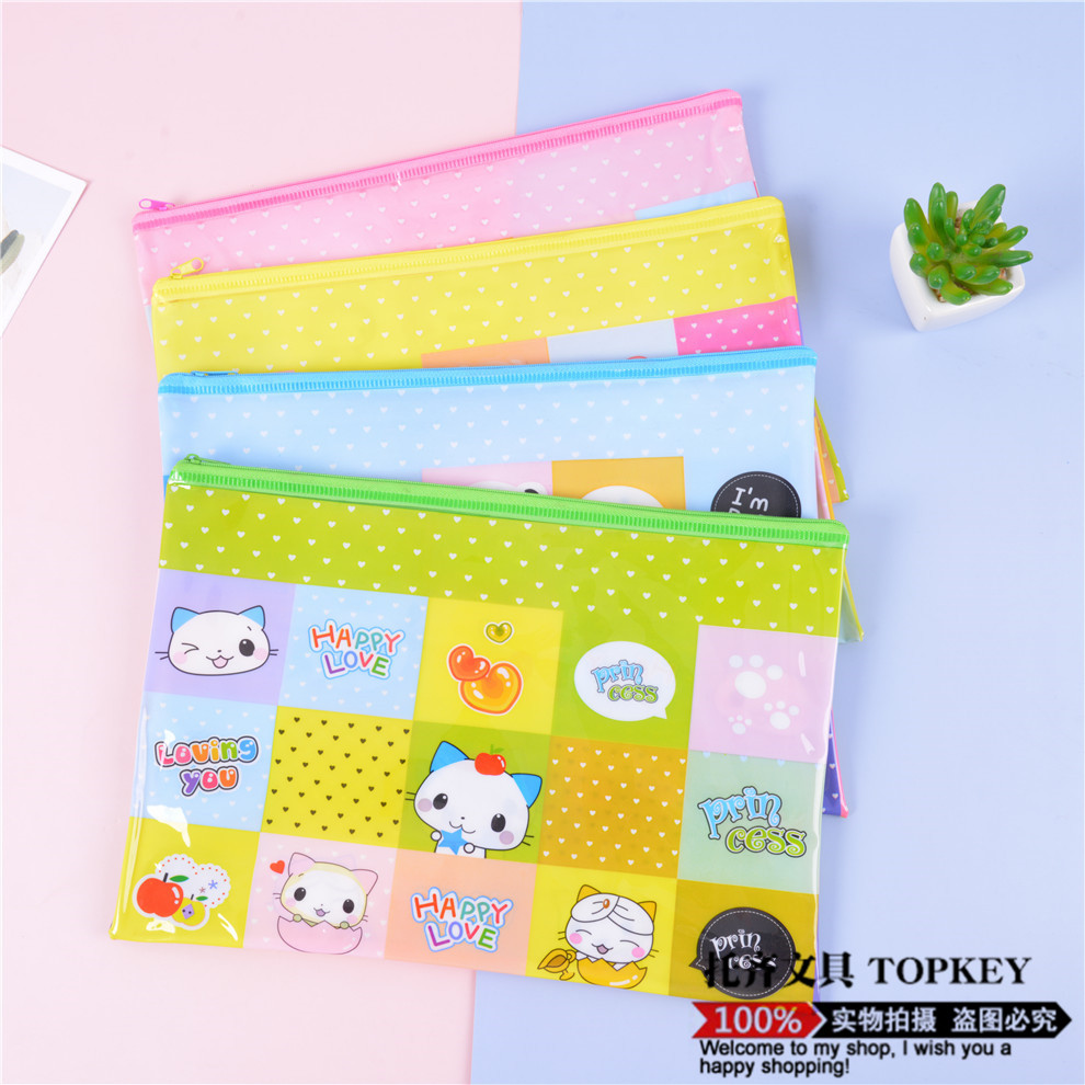 Spot PVC Net Pocket Cartoon File Bag Transparent Student A4 Zipper Bag Large Capacity Test Paper Storage Bag Waterproof