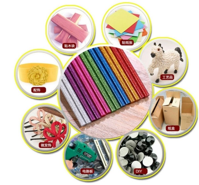 Color resin hot melt adhesive tape display of manual glue stick. Color resin hot melt adhesive tape display of manual glue stick.