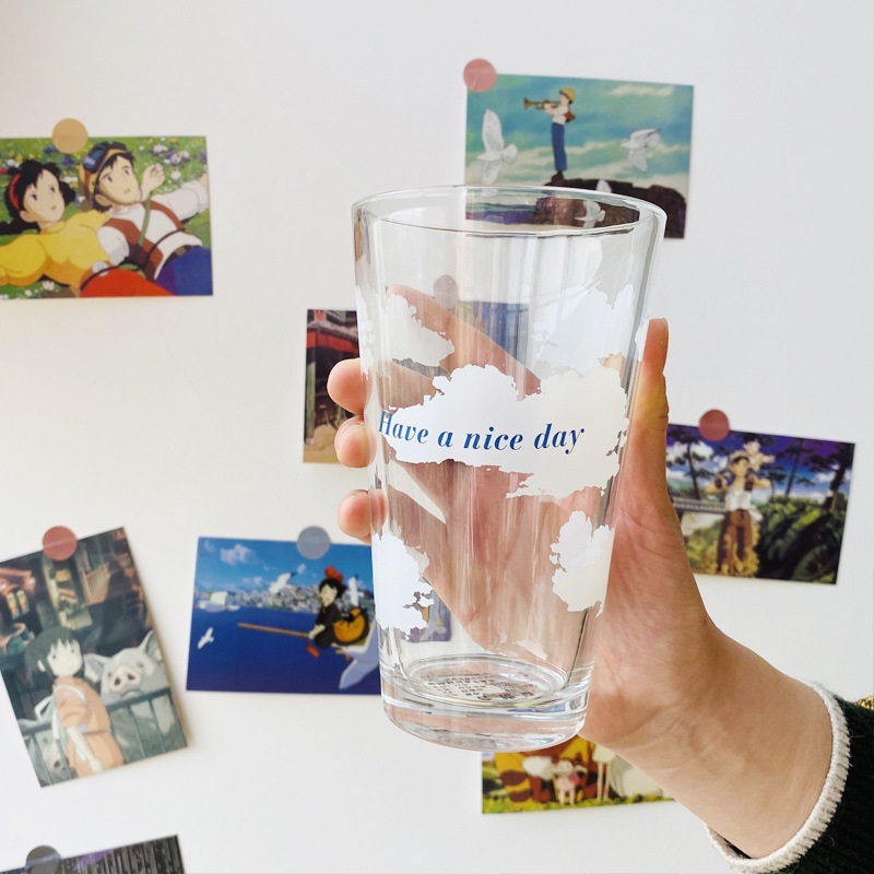 Japanese Cloud Straw Glass Water Cup simple and creative small fresh drinking cup with a lid and thickened glass cup Japanese Cloud Straw Glass Water Cup simple and creative small fresh drinking cup with a lid and thickened glass cup