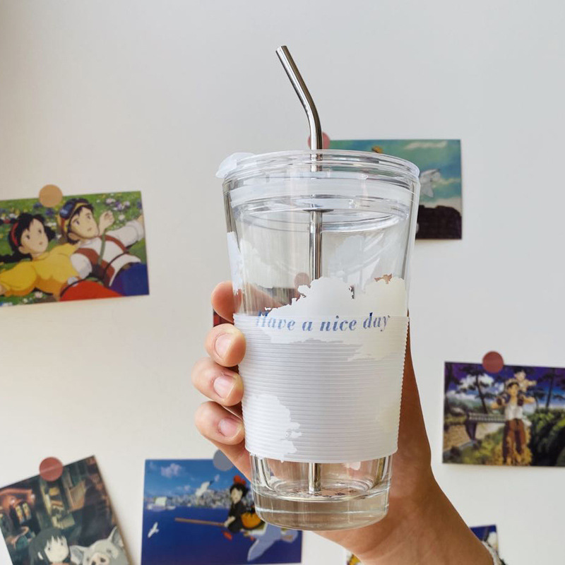 Japanese Cloud Straw Glass Water Cup simple and creative small fresh drinking cup with a lid and thickened glass cup Japanese Cloud Straw Glass Water Cup simple and creative small fresh drinking cup with a lid and thickened glass cup
