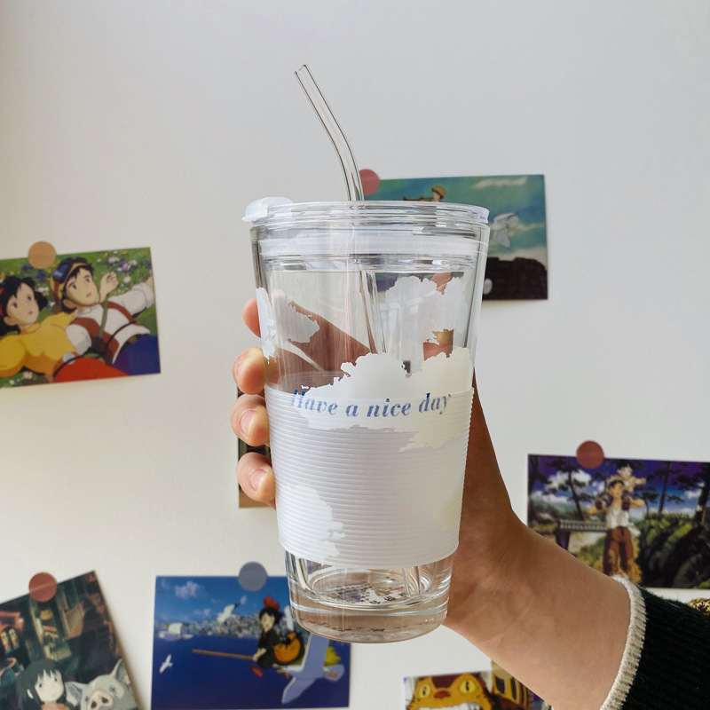Japanese Cloud Straw Glass Water Cup simple and creative small fresh drinking cup with a lid and thickened glass cup Japanese Cloud Straw Glass Water Cup simple and creative small fresh drinking cup with a lid and thickened glass cup
