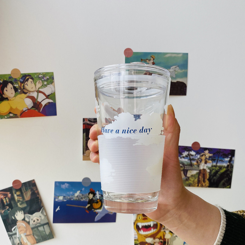Japanese Cloud Straw Glass Water Cup simple and creative small fresh drinking cup with a lid and thickened glass cup Japanese Cloud Straw Glass Water Cup simple and creative small fresh drinking cup with a lid and thickened glass cup