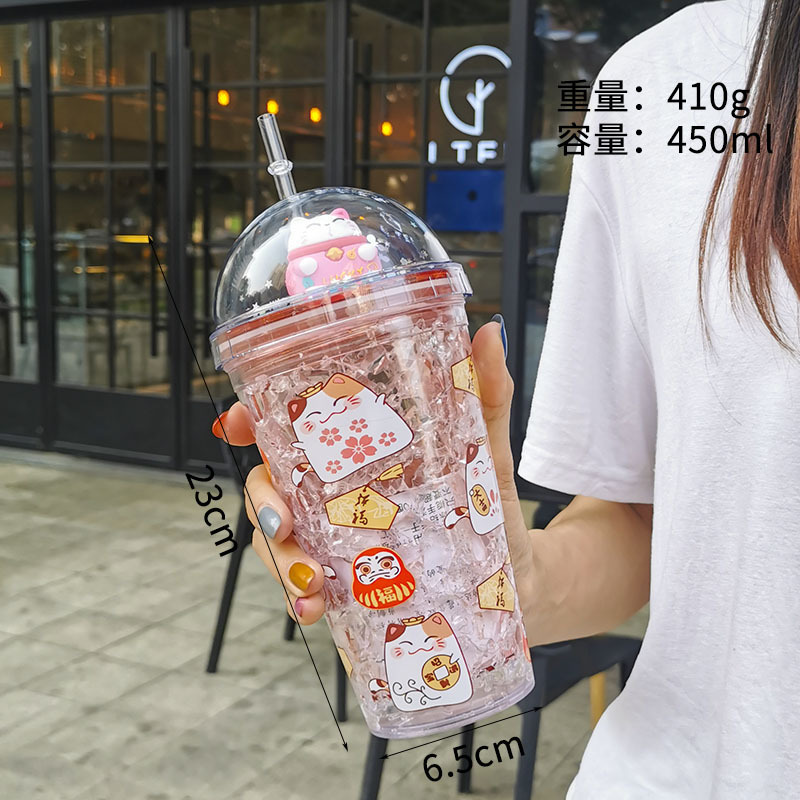 A Creative fashion summer fortune Cat straw cups Korean female students ice cup double drinking cups wholesale
