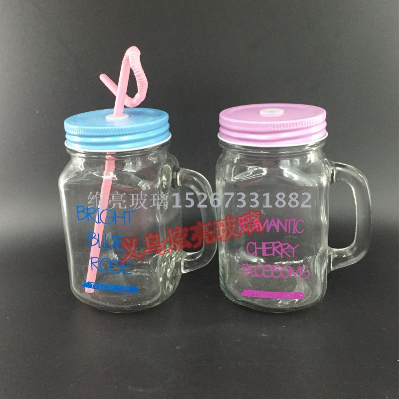 Water glass cup glass mason jar with printed drinking glass cup cup with straw Water glass cup glass mason jar with printed drinking glass cup cup with straw