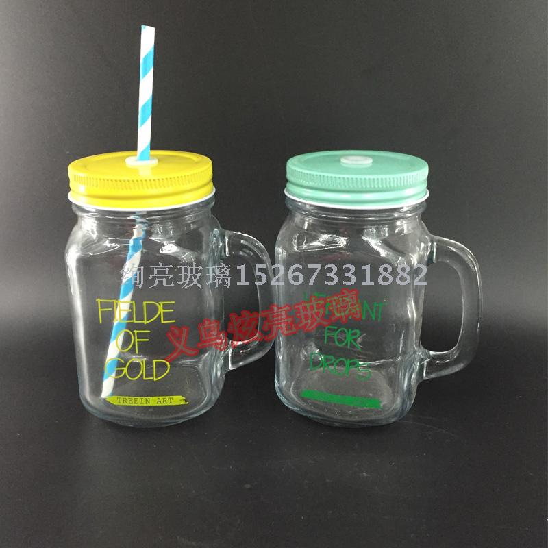 Water glass cup glass mason jar with printed drinking glass cup cup with straw Water glass cup glass mason jar with printed drinking glass cup cup with straw