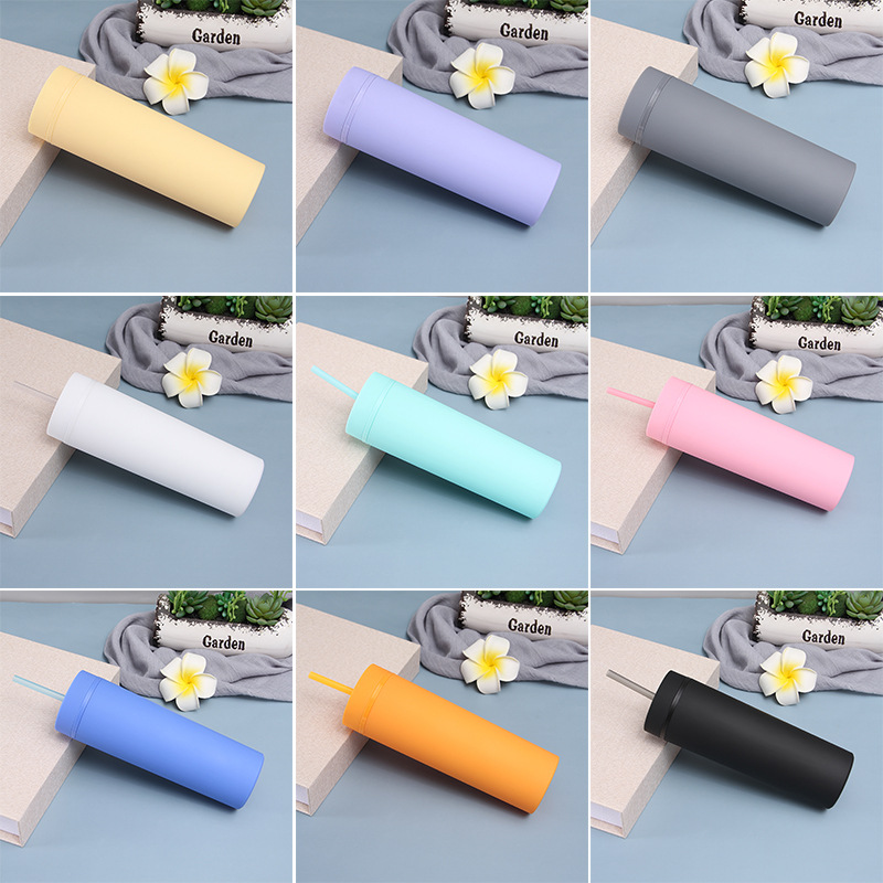 Cross-Border 16Oz Rubber Paint Plastic Cup Car Candy Color Double Drinking Cup Fresh Student Straight Straw Cup