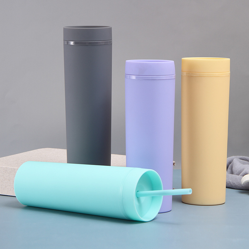 Cross-Border 16Oz Rubber Paint Plastic Cup Car Candy Color Double Drinking Cup Fresh Student Straight Straw Cup Cross-Border 16Oz Rubber Paint Plastic Cup Car Candy Color Double Drinking Cup Fresh Student Straight Straw Cup