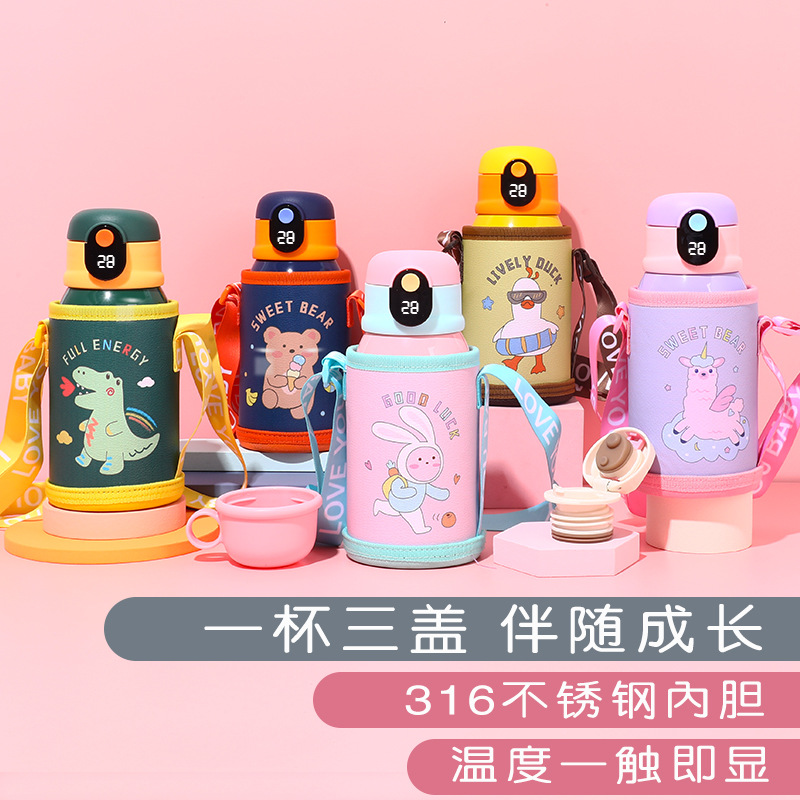Temperature Display Children's Thermos Mug Cartoon Insulation Pot Student Strap 316 Stainless Steel Drinking Straw Cup Temperature Display Children's Thermos Mug Cartoon Insulation Pot Student Strap 316 Stainless Steel Drinking Straw Cup