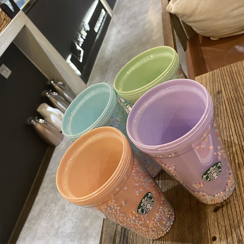  Starbucks Celebrity Inspired Starry Cup Rainbow Cup Girl&#039;s Cute Double-Layer Drinking Cup with Straw