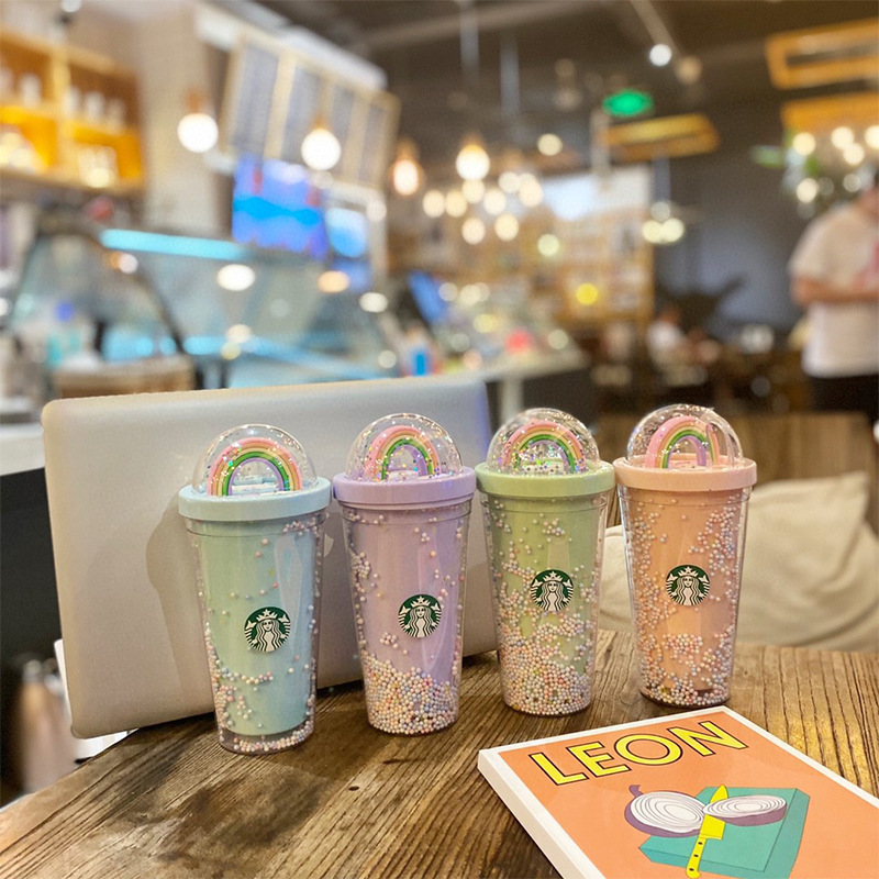  Starbucks Celebrity Inspired Starry Cup Rainbow Cup Girl&#039;s Cute Double-Layer Drinking Cup with Straw