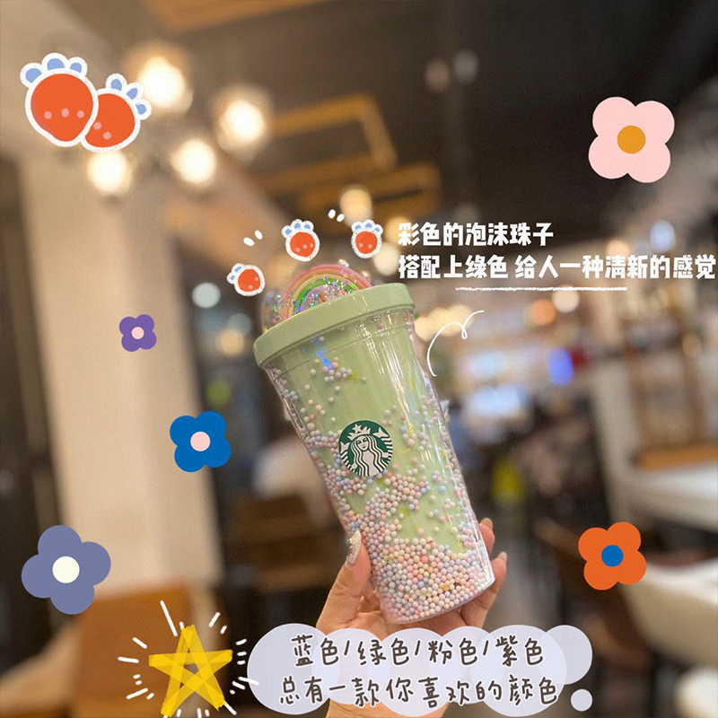  Starbucks Celebrity Inspired Starry Cup Rainbow Cup Girl&#039;s Cute Double-Layer Drinking Cup with Straw