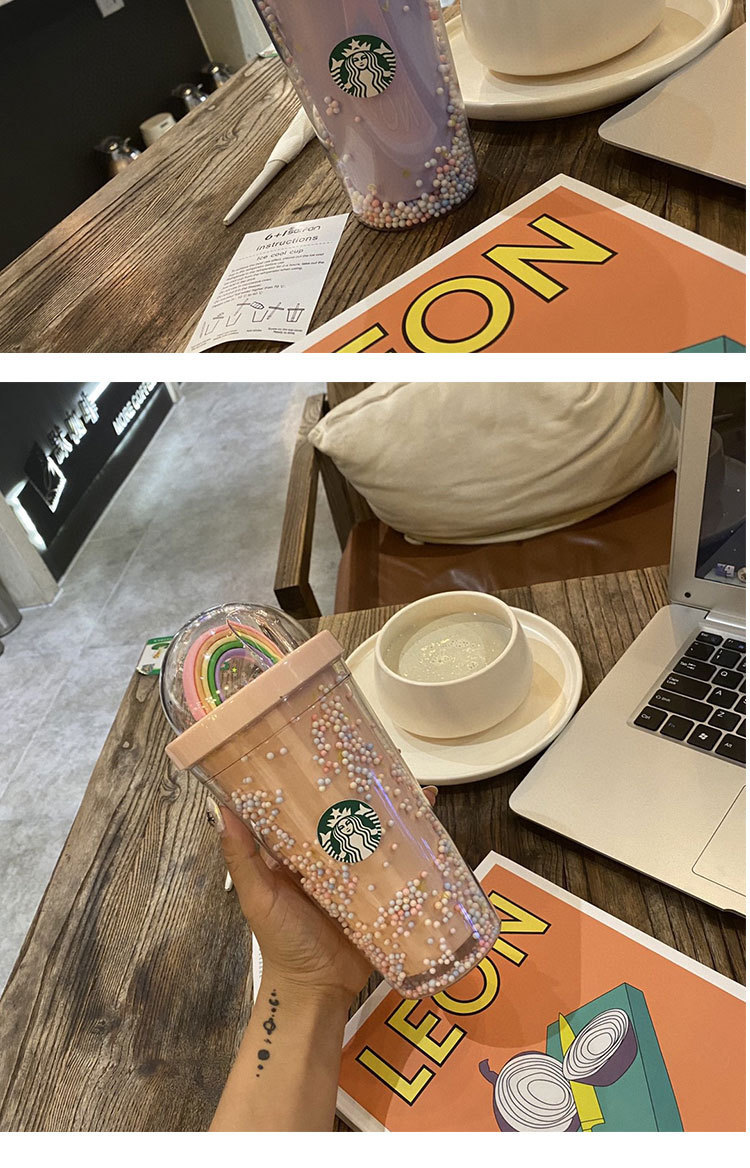 Starbucks Celebrity Inspired Starry Cup Rainbow Cup Girl's Cute Double-Layer Drinking Cup with Straw Starbucks Celebrity Inspired Starry Cup Rainbow Cup Girl's Cute Double-Layer Drinking Cup with Straw