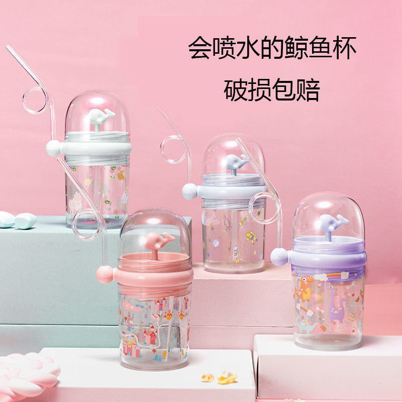Influencer Whale Water Spray Cup Summer Children&#039;s Plastic Drinking Straw DropResistant Whale Cup for Toddler Students