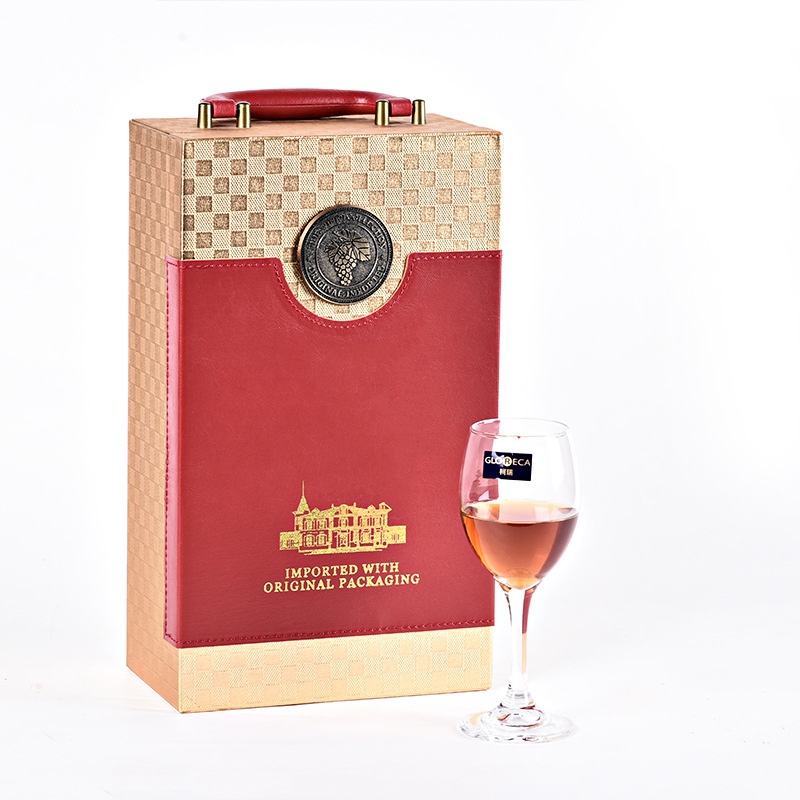 High grade gift box red wine leather box customized red wine box leather double-branch gift packaging PU packaging box manufacturer