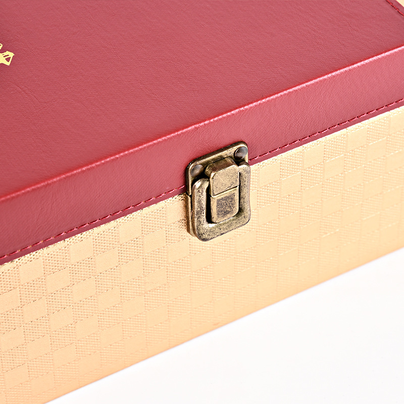 High grade gift box red wine leather box customized red wine box leather double-branch gift packaging PU packaging box manufacturer
