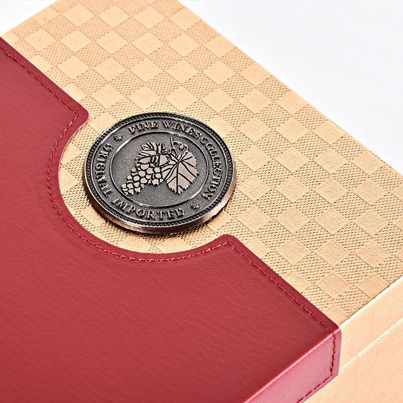 High grade gift box red wine leather box customized red wine box leather double-branch gift packaging PU packaging box manufacturer