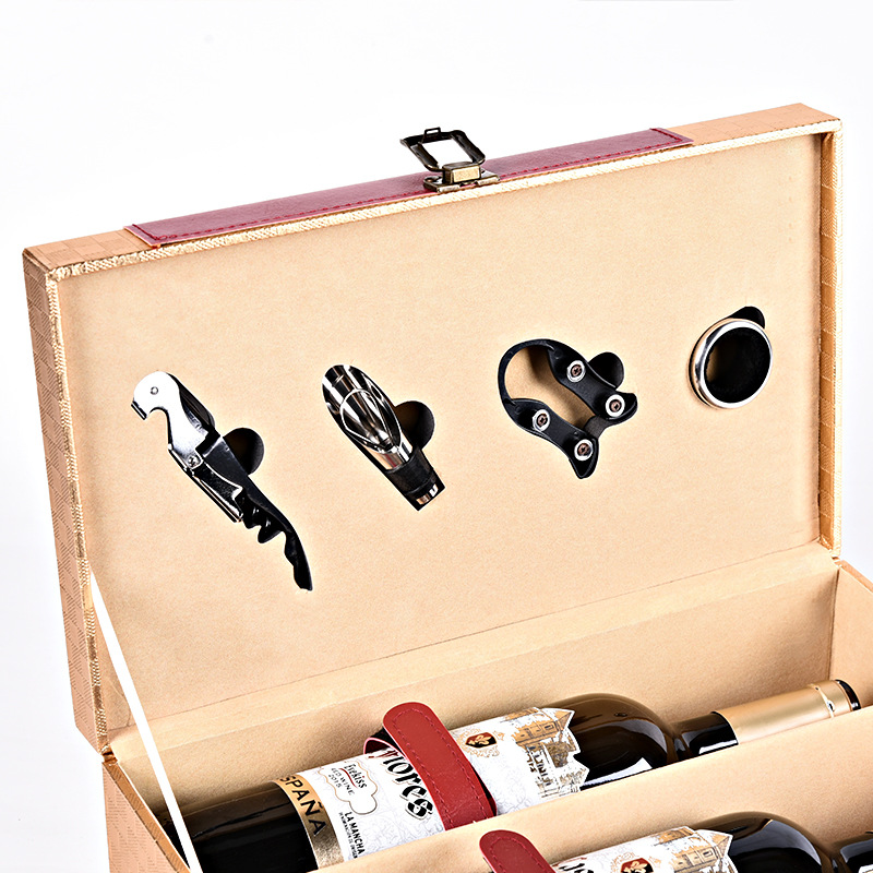 High grade gift box red wine leather box customized red wine box leather double-branch gift packaging PU packaging box manufacturer