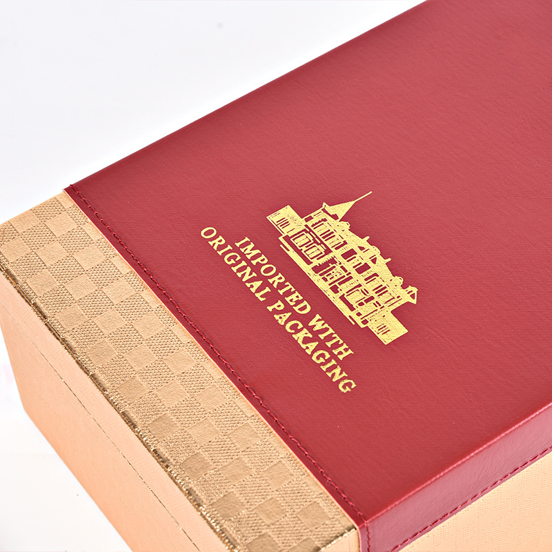 High grade gift box red wine leather box customized red wine box leather double-branch gift packaging PU packaging box manufacturer
