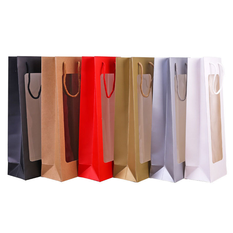 New Kraft Paper Single Red Wine Bag Window Transparent Wine Bag Rectangular Gift Bag Flower Handbag Customization