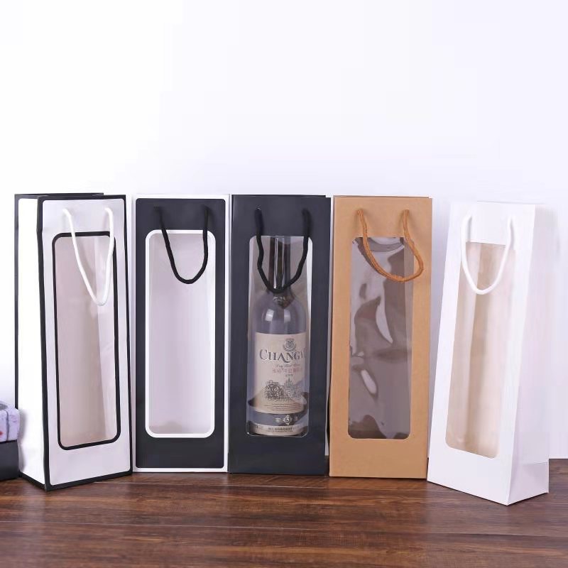 New Kraft Paper Single Red Wine Bag Window Transparent Wine Bag Rectangular Gift Bag Flower Handbag Customization
