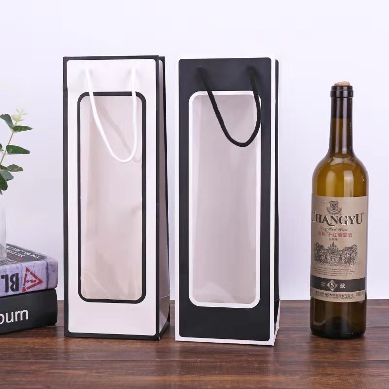 New Kraft Paper Single Red Wine Bag Window Transparent Wine Bag Rectangular Gift Bag Flower Handbag Customization