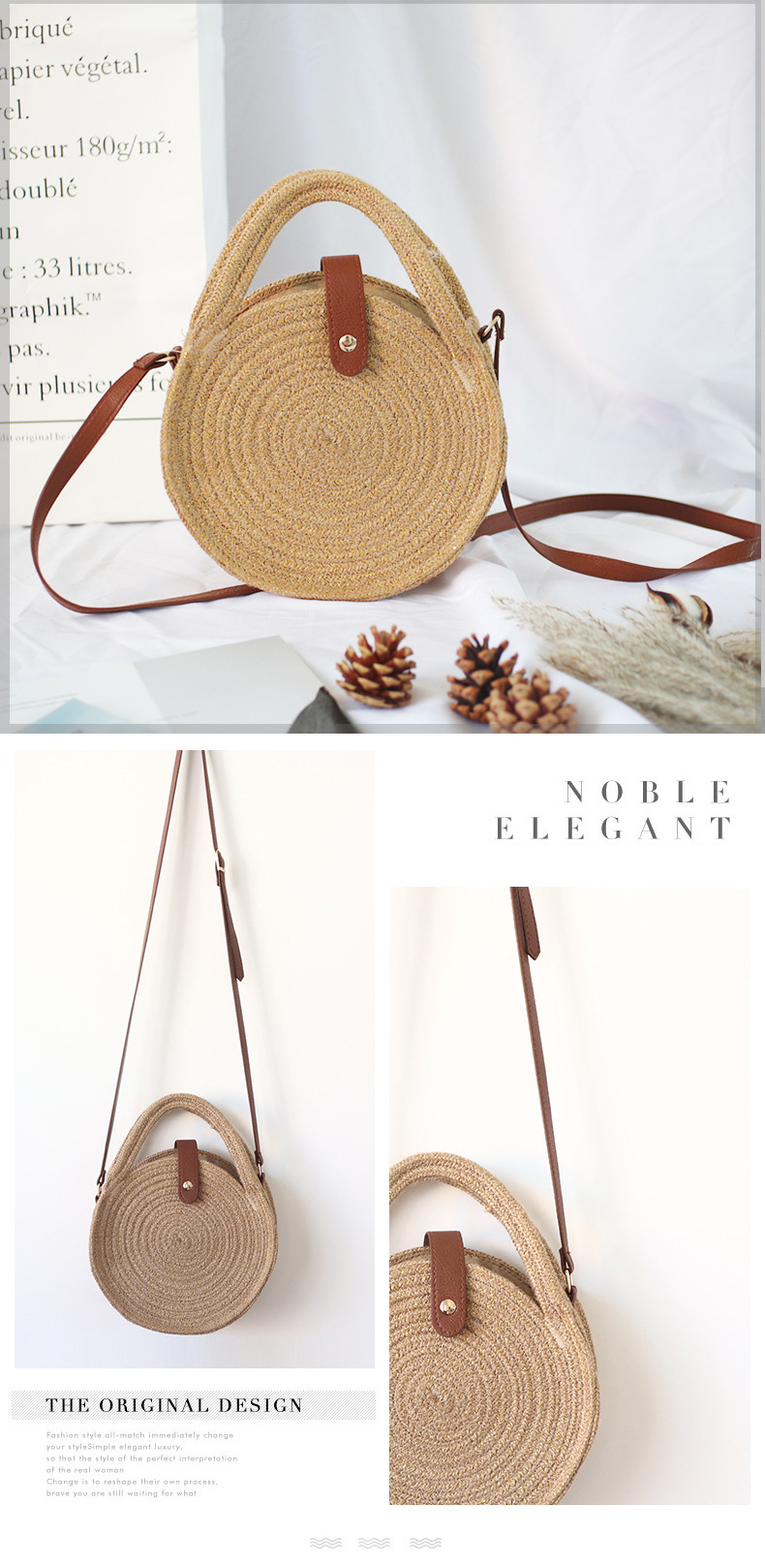 Portable Crossbody Bag Hemp Rope Bag round Cake Bag round Bag Rattan Woven Bag Straw Woven Bag Chanel Style Vacation Bag Concave Shape