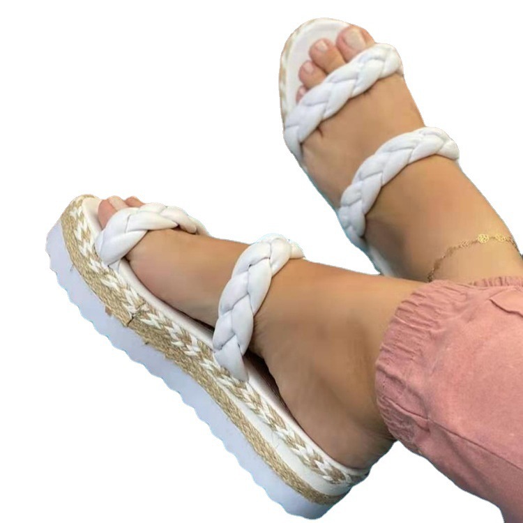 2022 Foreign Trade Large Size Thick Bottom Hemp Rope Sponge Cake Slipper Women&#039;s Woven Mid Heel Beach Slippers Two Bars Slippers