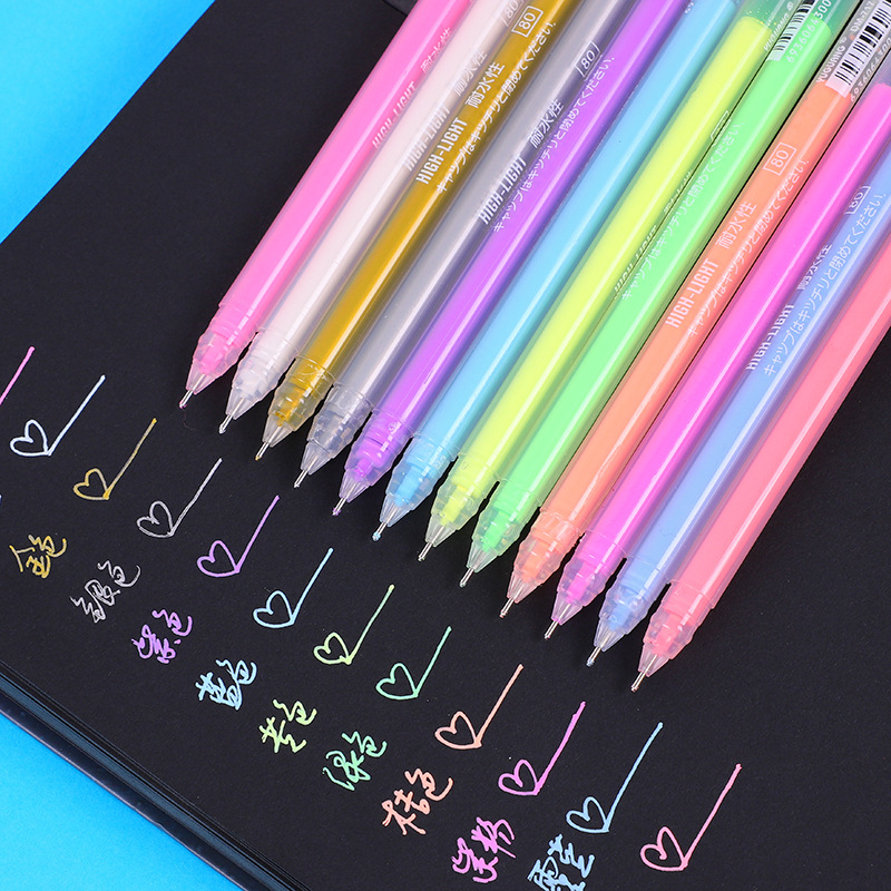 Highlight Color Hand Account Fluorescent Pen 12 PCs Black Paperboard Color DIY Graffiti Gel Pen Exclusive for Cross-Border Manufacturer