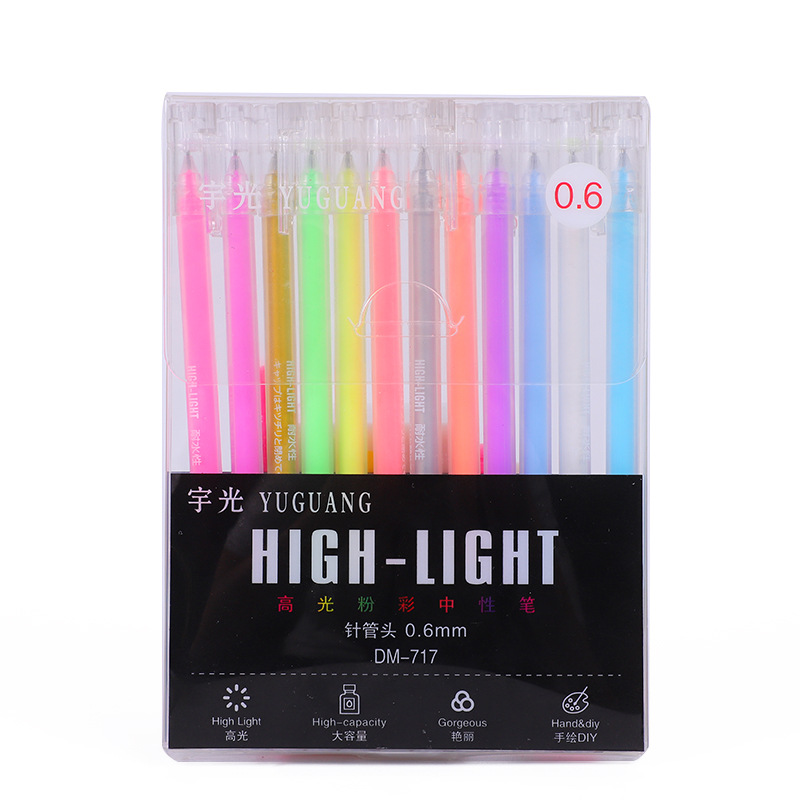 Highlight Color Hand Account Fluorescent Pen 12 PCs Black Paperboard Color DIY Graffiti Gel Pen Exclusive for Cross-Border Manufacturer