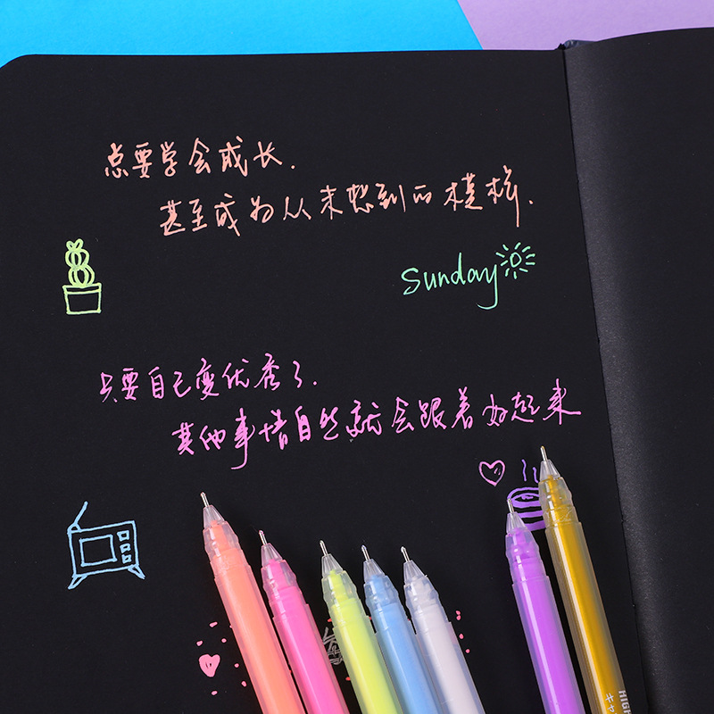 Highlight Color Hand Account Fluorescent Pen 12 PCs Black Paperboard Color DIY Graffiti Gel Pen Exclusive for Cross-Border Manufacturer