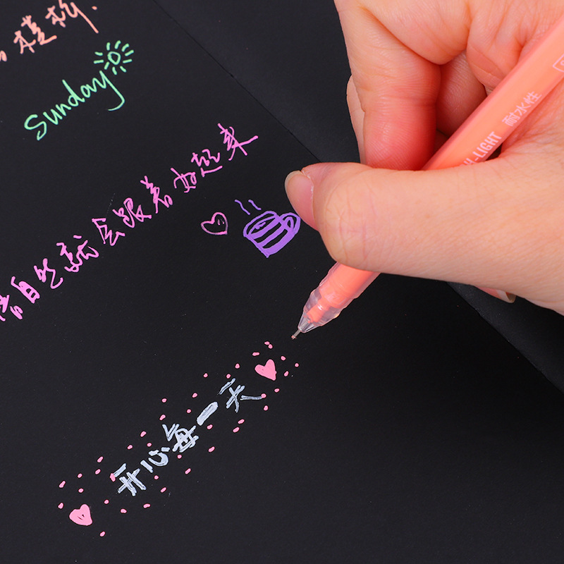 Highlight Color Hand Account Fluorescent Pen 12 PCs Black Paperboard Color DIY Graffiti Gel Pen Exclusive for Cross-Border Manufacturer