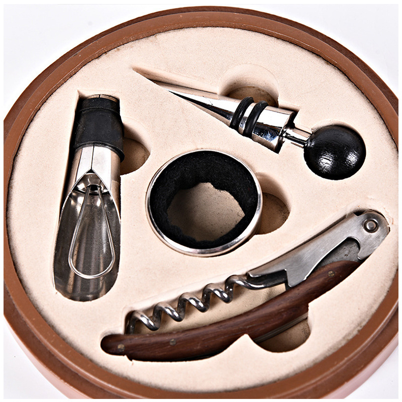 round Box Four-Piece Red Wine Wine Set Bottle Opener Packing Box Promotional Gifts Wholesale Factory Direct Sales