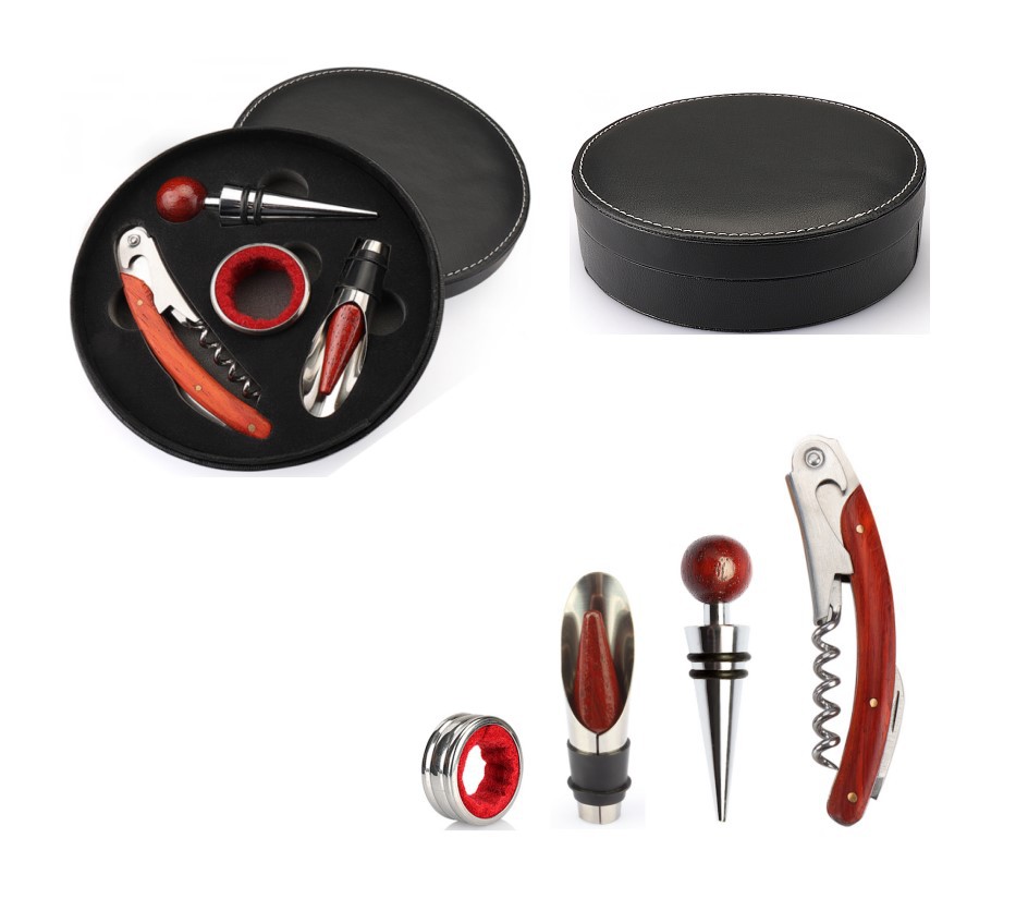 Cross-Border Amazon Supply Wish Bottle Opener Four-Piece round Leather Box Wine Set Christmas Gift Wholesale