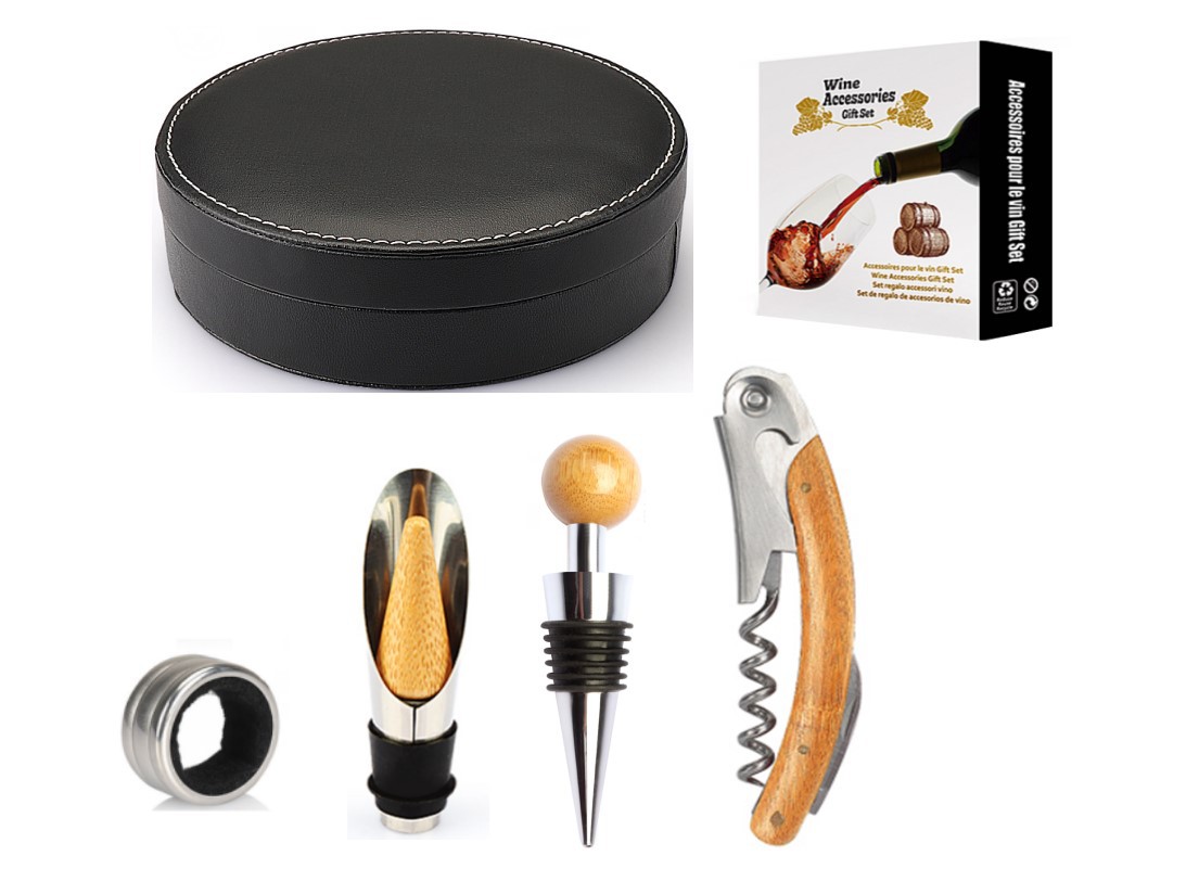 Cross-Border Amazon Supply Wish Bottle Opener Four-Piece round Leather Box Wine Set Christmas Gift Wholesale Cross-Border Amazon Supply Wish Bottle Opener Four-Piece round Leather Box Wine Set Christmas Gift Wholesale