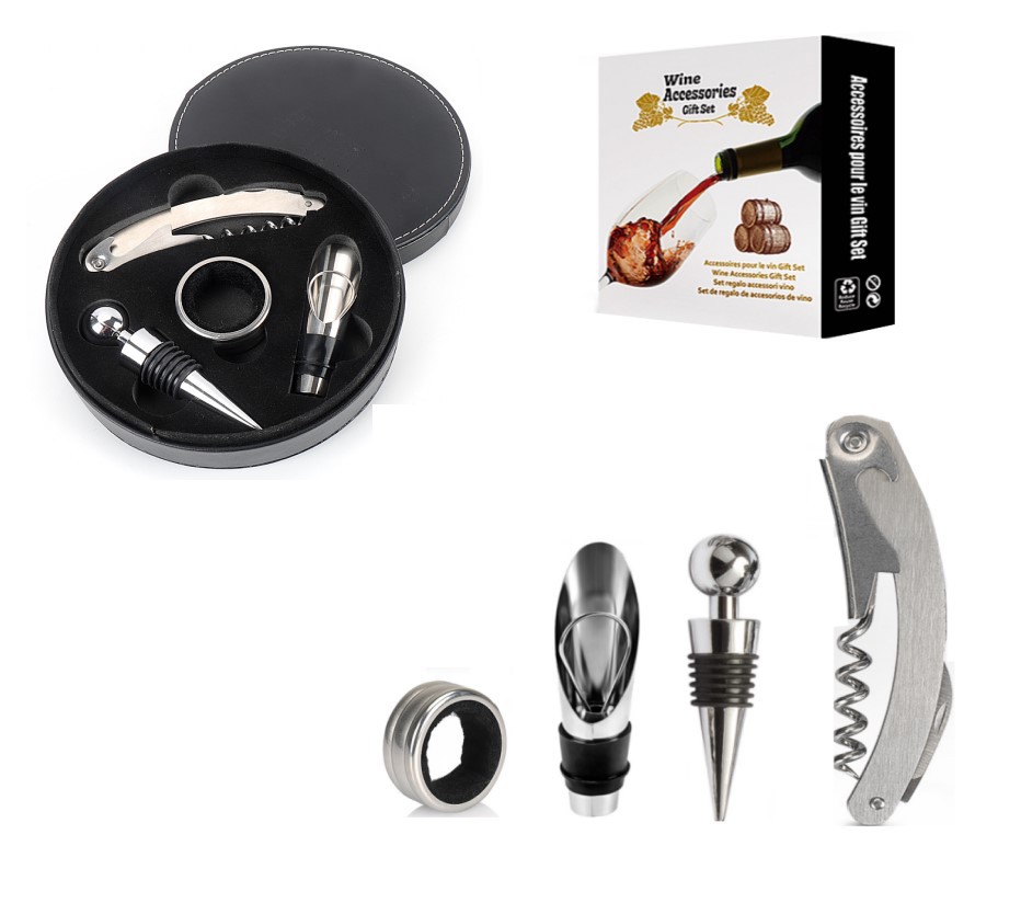 Cross-Border Amazon Supply Wish Bottle Opener Four-Piece round Leather Box Wine Set Christmas Gift Wholesale Cross-Border Amazon Supply Wish Bottle Opener Four-Piece round Leather Box Wine Set Christmas Gift Wholesale
