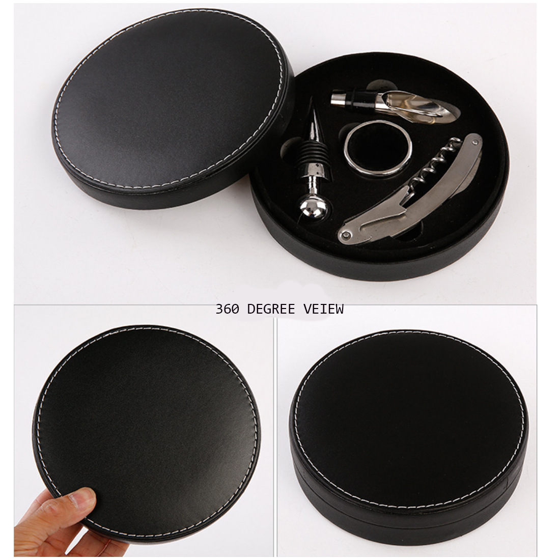 Cross-Border Amazon Supply Wish Bottle Opener Four-Piece round Leather Box Wine Set Christmas Gift Wholesale Cross-Border Amazon Supply Wish Bottle Opener Four-Piece round Leather Box Wine Set Christmas Gift Wholesale