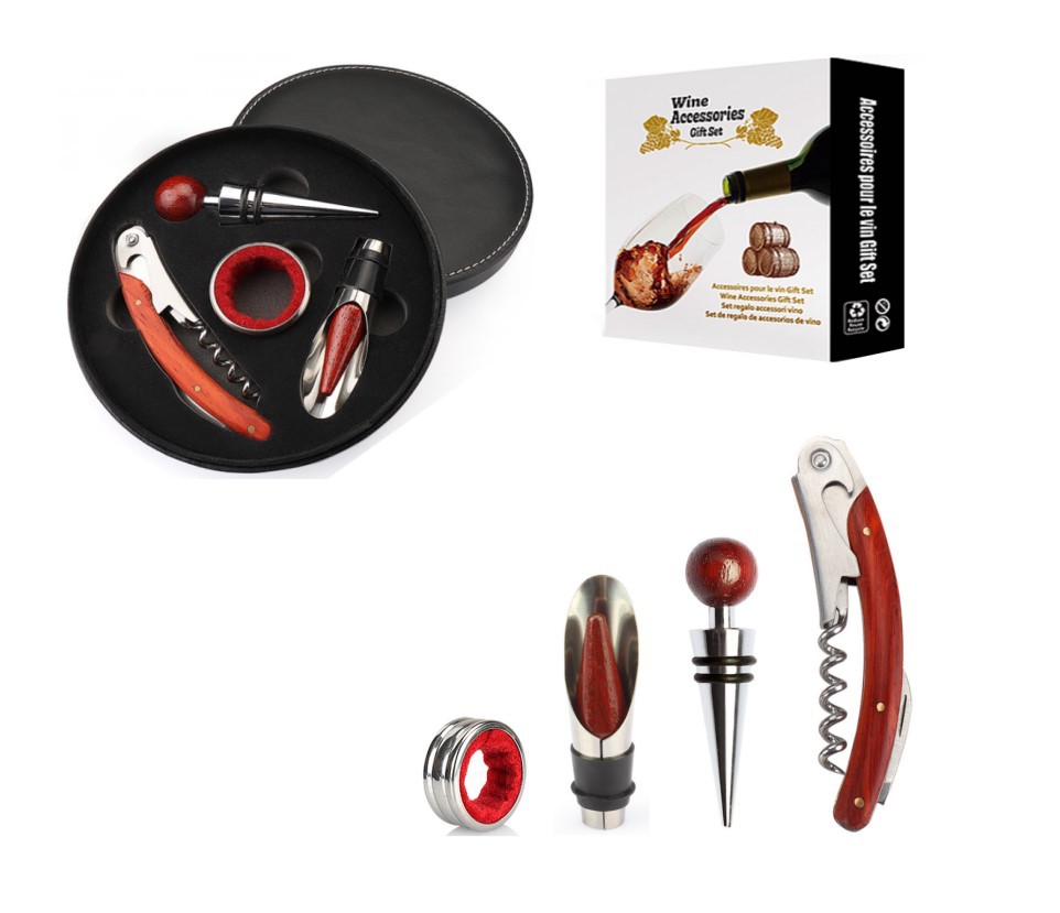 Cross-Border Amazon Supply Wish Bottle Opener Four-Piece round Leather Box Wine Set Christmas Gift Wholesale Cross-Border Amazon Supply Wish Bottle Opener Four-Piece round Leather Box Wine Set Christmas Gift Wholesale