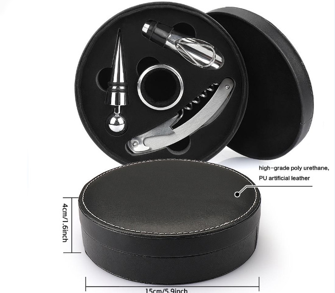 Cross-Border Amazon Supply Wish Bottle Opener Four-Piece round Leather Box Wine Set Christmas Gift Wholesale Cross-Border Amazon Supply Wish Bottle Opener Four-Piece round Leather Box Wine Set Christmas Gift Wholesale