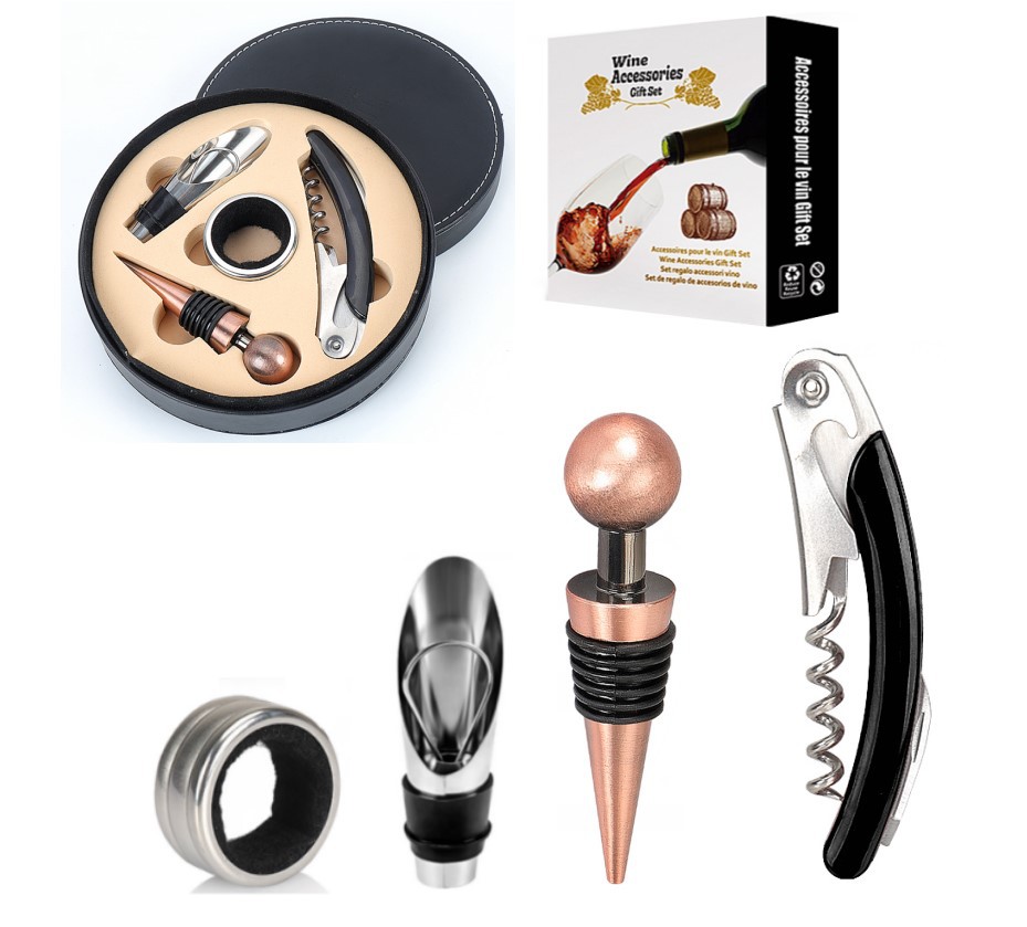 Cross-Border Amazon Supply Wish Bottle Opener Four-Piece round Leather Box Wine Set Christmas Gift Wholesale Cross-Border Amazon Supply Wish Bottle Opener Four-Piece round Leather Box Wine Set Christmas Gift Wholesale